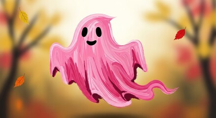 Pink Ghostly Figure with Autumn Leaves on a Blurry Fall Backgrou