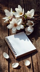 White magnolia flowers on wooden surface with notebook