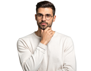 Young Man with Glasses Holding Chin in Contemplative Pose, Three-Quarter Angle, isolated transparent background PNG