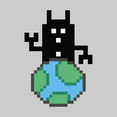 Obraz premium Cartoon cute pixel art of robot or ai learning skill robotic calculate chat bot robots business vector character technology background 8 bit art.