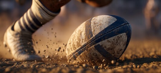Photorealistic low-angle close-up of dirt-covered rugby ball with blue stripes kicked by muscular player’s boot, dust cloud, golden-hour sunlight, sharp focus, cinematic