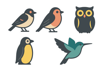 Obraz premium Collection of diverse stylized birds including robin, owl, penguin, and hummingbird in a modern flat design