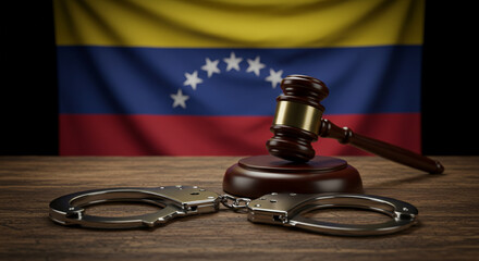 Hammer of justice with handcuffs and the Venezuelan flag