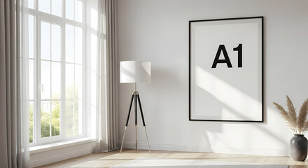 A1 Poster Mockup in Bright Modern Living Room with Stylish Decor, Perfect for Interior Design Showcase or Artwork Presentation, Home Styling Inspiration