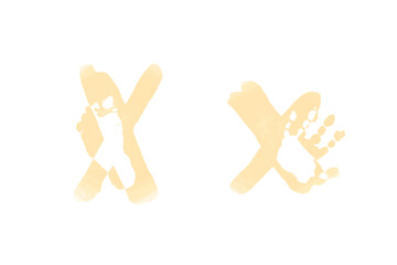 Newborn foot and hand prints. Family monogram, letter X on white background