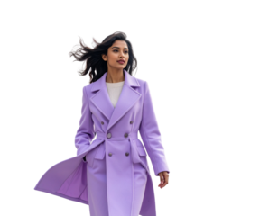 uuuuuuuuuuuuuuuuuuuuYoung Woman in Lavender Coat Walking Through Modern Cityscape