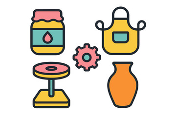 Stylized collection of household objects including a jar, apron, gear, scale, and pottery vessel for creative design projects
