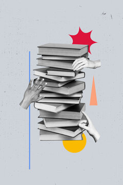 Trend banner artwork 3d photo collage of human hands show book encyclopedia reading stack enlightenment education bookworm