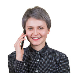Contented young woman talking on phone, looks joyful to camera, isolated on transparent background. Positive hipster female wearing black shirt speaking as keeps smartphone to ear