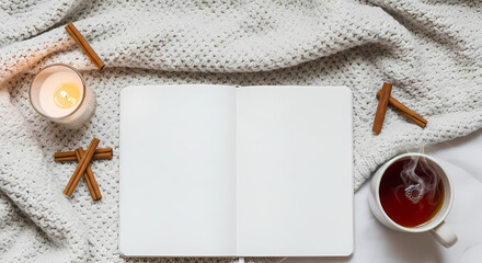 Cozy autumnal scene with open notebook, fragrant tea, cinnamon sticks, and a glowing candle, perfect for capturing your warm, comforting thoughts and ideas