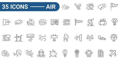 Air line editable icon set. Containing ventilation, air conditioner, fan, wind, blow, oxygen, breathe, CO2, pollution and more.