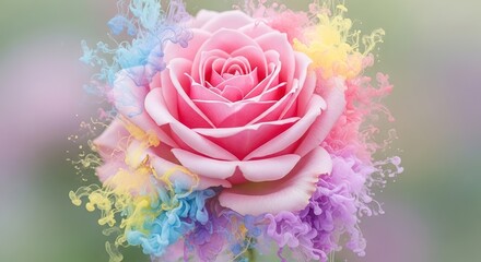 Pink Rose Surrounded by Colorful Smoke, Artistic Floral Composit