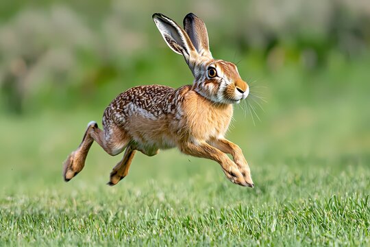 European Hare Leaping Across Green Field Wildlife Photography Nature Image Spring Hare Brown Hare in Motion Fast Hare