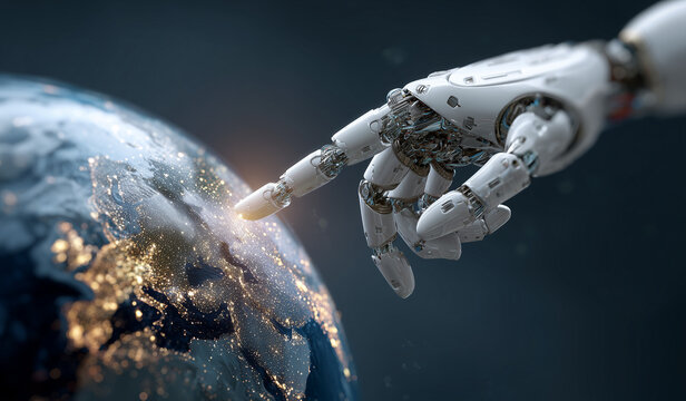 robot hand touching human finger on a digital earth globe with global network connection technology concept, a futuristic robot and artificial intelligence concept