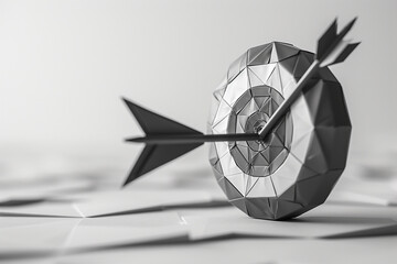 A visually striking polygonal isolated target with an arrow, set against a clean white background, showcases a modern low poly monochrome style that exudes a sense of technology and innovation, while 