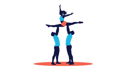 Fototapeta premium A group of people perform a complex acrobatic human pyramid routine on a circular mat.