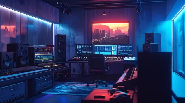 Modern Music Studio with Keyboards and Monitors