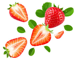 Whole and Sliced Strawberries Floating with Leaves, isolated on transparent background