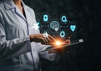 Neuroscience technology concept showing a doctor manipulating a digital interface with brain and health icons.