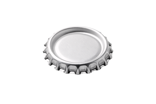 Silver metal bottle cap viewed from inside angle, crimped ridged edges visible, isolated on a transparent background