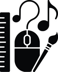 Creative design elements mouse ruler musical notes paintbrush symbolizing digital art creation
