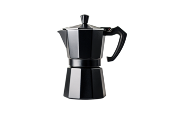 Classic black moka pot espresso maker with octagonal design and ergonomic handle, isolated on a transparent background