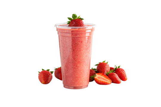Fresh strawberry smoothie in clear plastic cup with whole strawberries and garnish, isolated on a transparent background