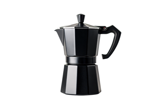 Classic black moka pot espresso maker with octagonal design and ergonomic handle, isolated on a transparent background