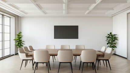Fototapeta premium A modern, minimalist conference room featuring a long table, white chairs, and greenery, ideal for meetings and collaboration.
