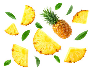 Pineapple Fruit and Cut Halves Falling with Leaves, isolated on transparent background