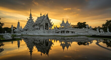 Serene reflection of Wat Rong Khun temple at sunrise in Chiang Rai Thailand