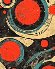 The graphic design features an array of red circles in various sizes set against a dark background for a modern look