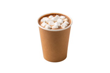 hot cocoa topped with mini marshmallows in disposable kraft cup, isolated on a transparent background
