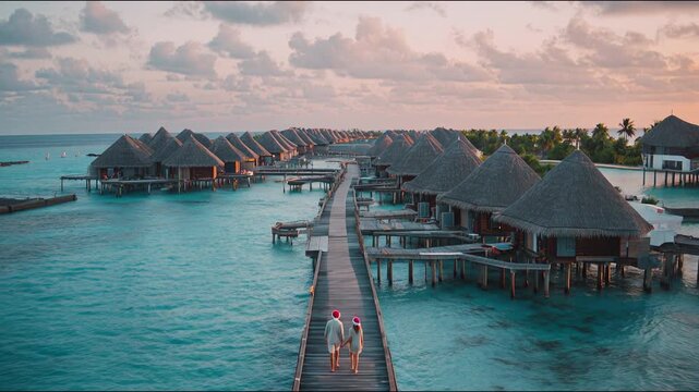 Couple wearing Santa hats stroll along a tropical resort boardwalk lined with overwater bungalows at sunset, creating a romantic holiday atmosphere. Drone video made using Generative AI.