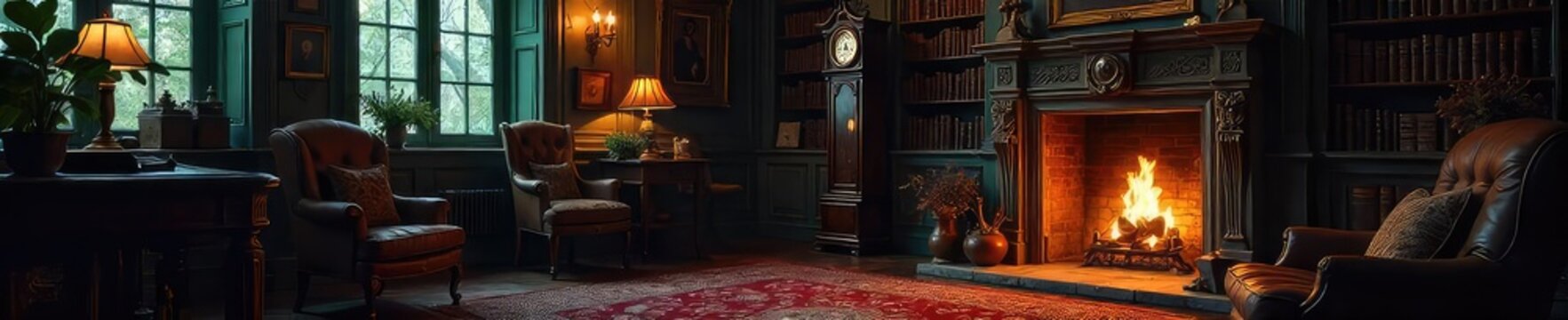 A dimly lit Victorian era study, featuring ornate furniture, antique books, a grandfather clock, and a crackling fireplace, evoking a sense of mystery and old-world charm , gothic, books, building