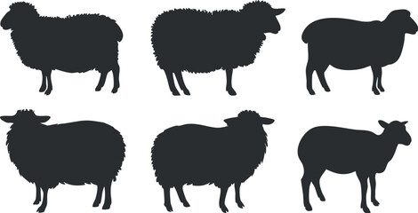Collection of sheep silhouettes showcasing various poses and angles for design and illustration purposes..