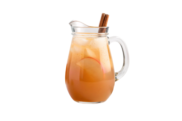 Apple cider in glass pitcher with cinnamon sticks garnish and gradient color, isolated on a transparent background