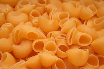Raw pasta close-up, bright golden hue. Pasta Truba Rigate.