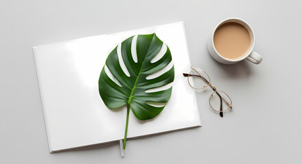 Morning inspiration with coffee, glasses, and tropical leaf on blank notebook, perfect for creatives and business branding, offering a calm aesthetic