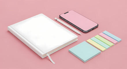 Elevate your project with this stylish flatlay featuring a modern phone, sleek notebook, and pastel sticky notes for a trendy, organized aesthetic