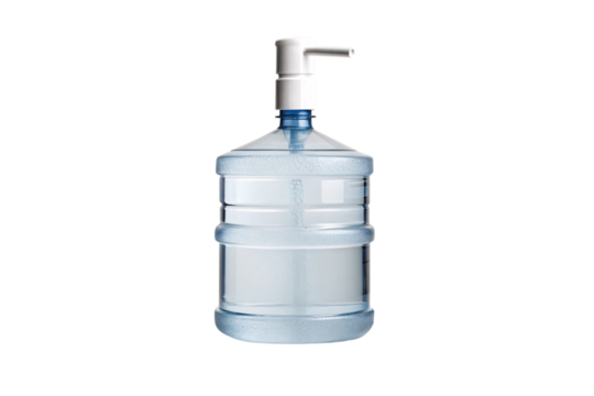 Clear water bottle with manual pump dispenser attached on top and blue reinforcement bands, isolated on a transparent background