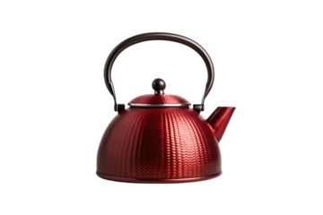 Metallic red kettle with dimpled texture pattern, arched carrying handle, and rounded body shape, isolated on a transparent background