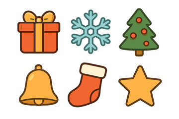 Christmas icon set. Cute cartoon collection of holiday symbols: gift box, snowflake, tree, jingle bell, stocking and star. Simple flat vector design elements for winter.