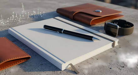 Modern workspace concept with digital notebook, smart watch, and stylish pen, ideal for business, productivity, and creative projects, technology inspiration
