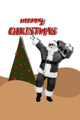 Vertical photo collage of happy man wear santa claus costume dance obsolete boombox player new year holiday isolated on painted background