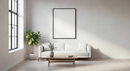 Sunlit modern living room features a stylish white couch, wooden table, lush green plant and a blank frame for personalized art, perfect for home decor