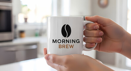 Starting the day with a hot cup of coffee, woman's hands holding a mug with a coffee bean logo and the words Morning Brew, perfect for a kitchen ad