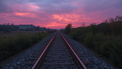 Fototapeta premium Vibrant Sunset Over Endless Railway Tracks Stretching Far Away