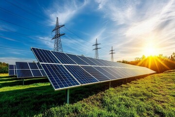 Solar Panels and Transmission Tower at Sunset