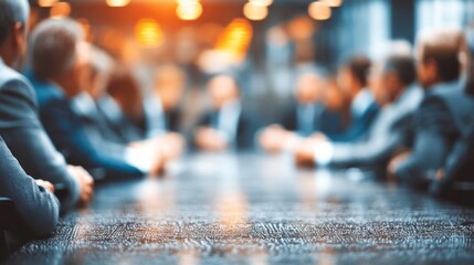 Professional business meeting with a group of people seated around a wooden table,